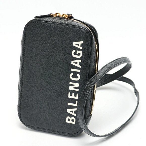 BALENCIAGA Cache Zip Phone Holder Shoulder Bag 618189 Leather Black S-157821 - Picture 1 of 7